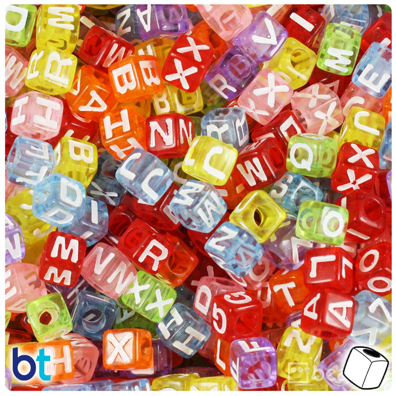 BeadTin Mixed Transparent 7mm Cube Plastic Alpha Beads - White Letter Mix (200pcs)